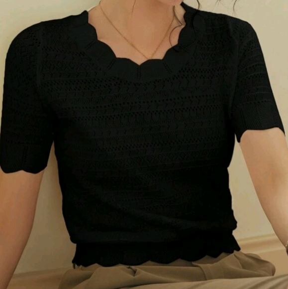 Knit Mix Solid Scallop Trim Knit Top - Picture 5 of 5